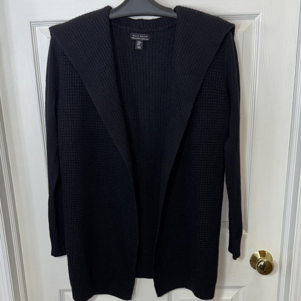 Willi Smith 100% Extrafine Merino Wool Black Open-Front Cardigan